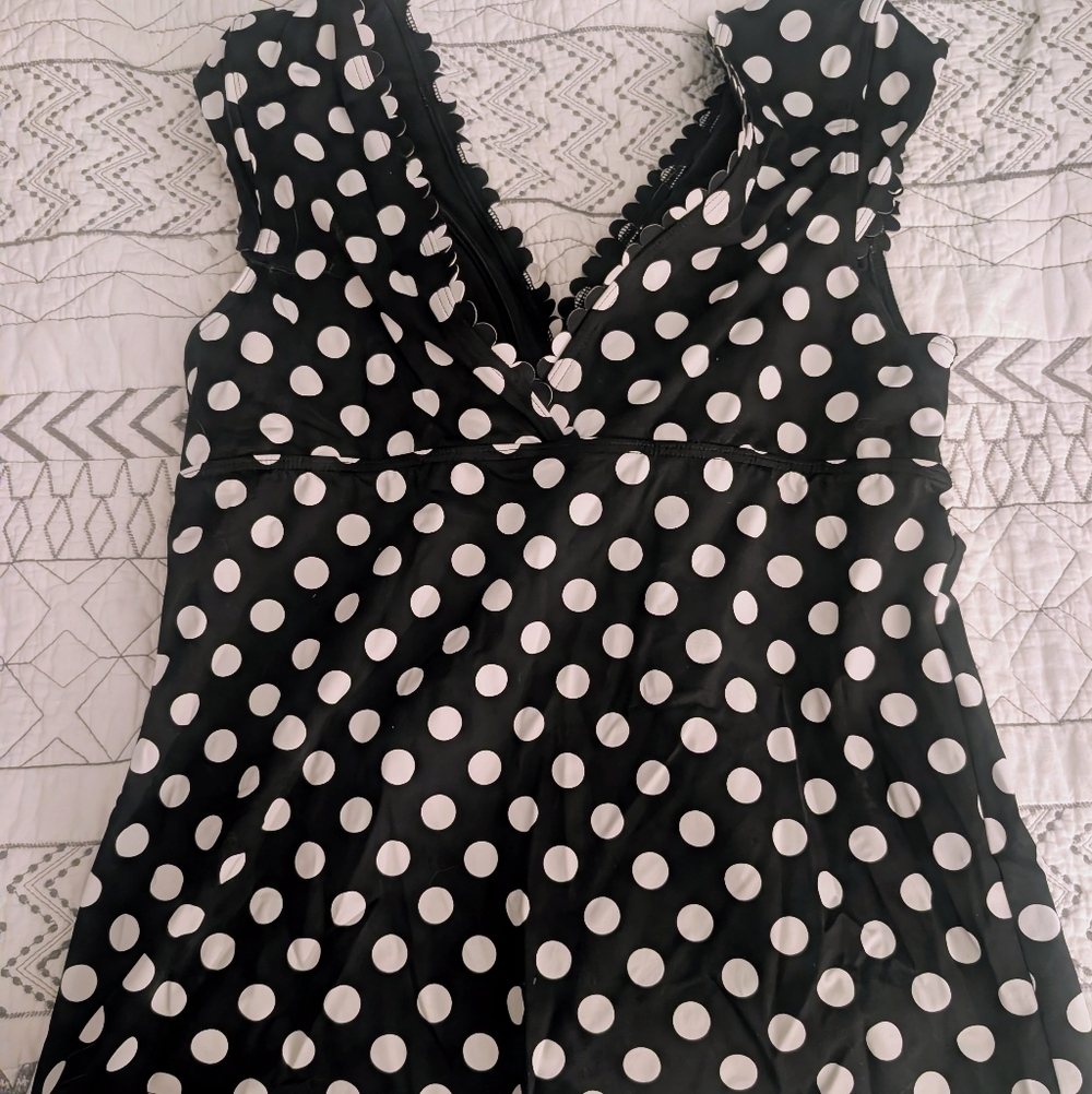 Lands' End Black and White Polka Dot V-Neck Bathing Suit Top